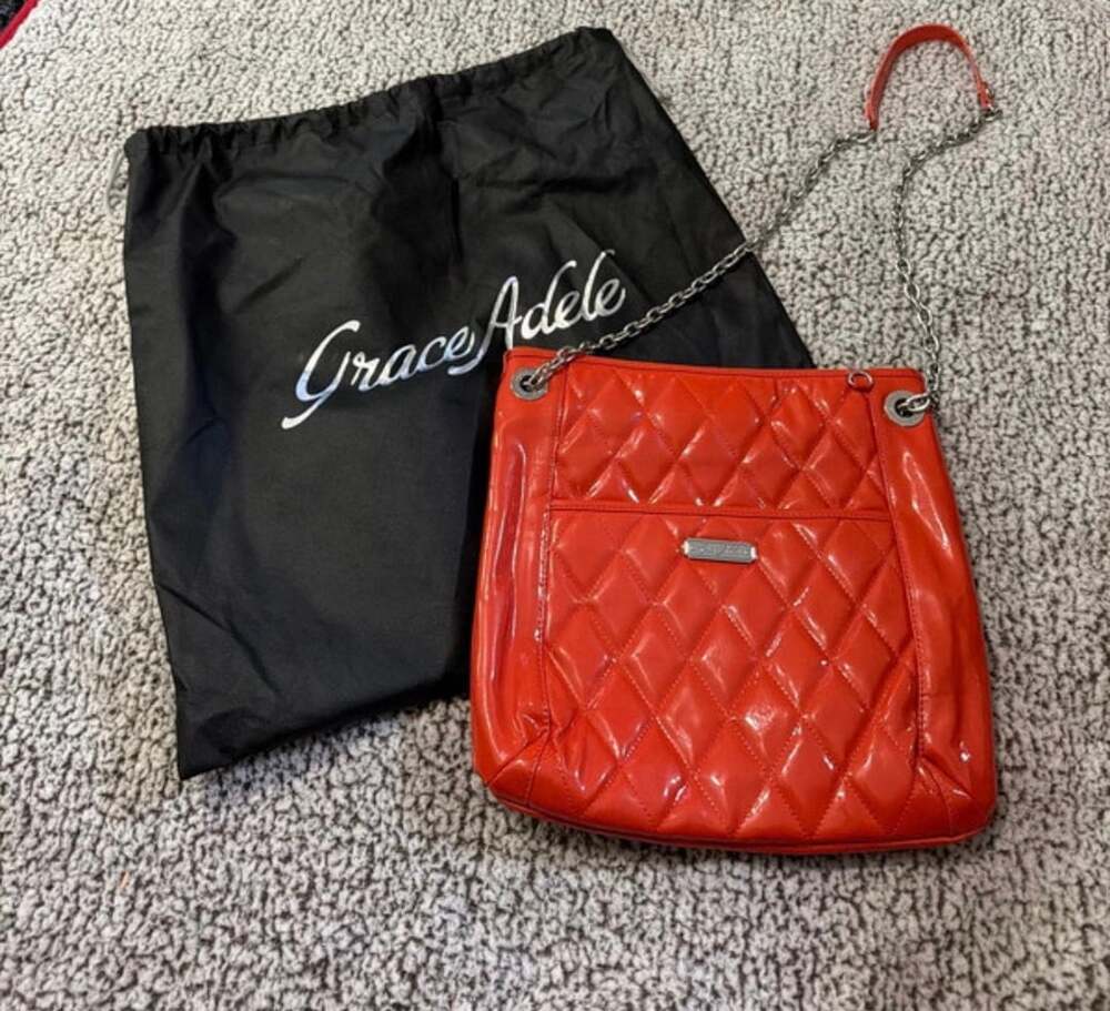 Grace Adele Quilted Red Patent Faux Leather Shoulder Bag with Dust Bag